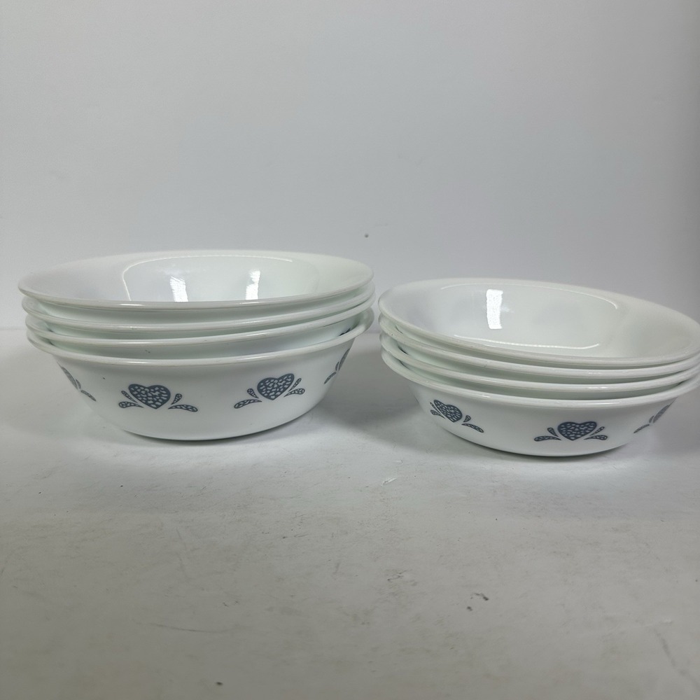 Set 8 Corelle Corning Ware Blue Hearts Sponge Fruit Dessert Bowls 5 3/8" & 6 1/4